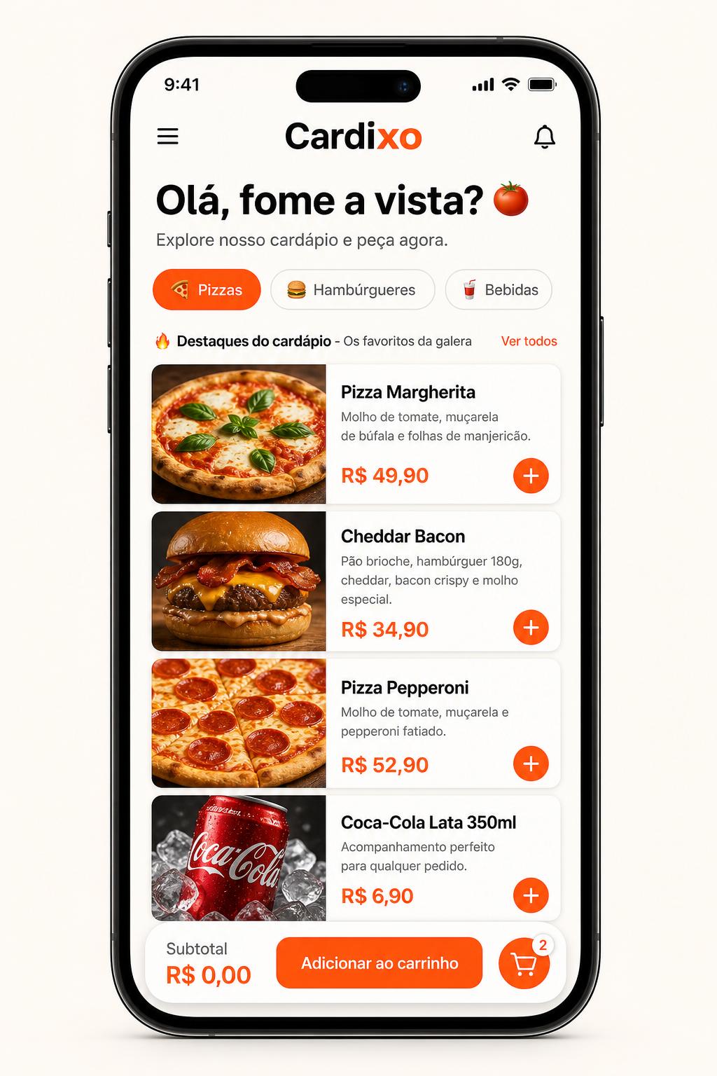 Cardápio digital Cardixo no celular do cliente